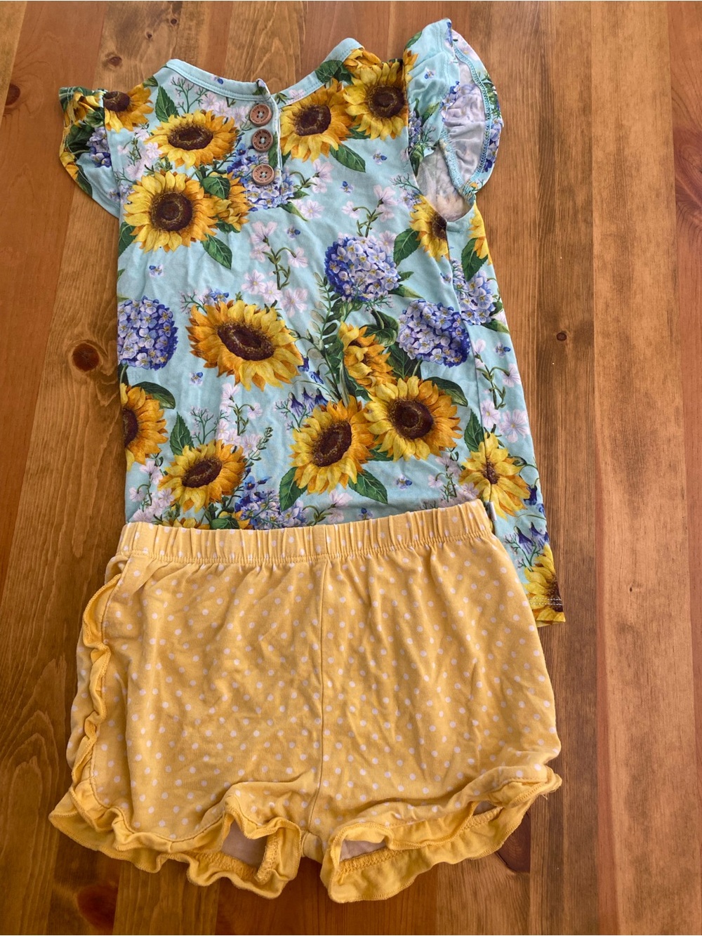Posh Peanut Sunflower Floral Top & Yellow Polka Dot Ruffle Shorts Set